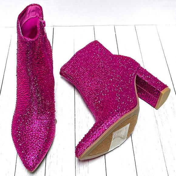 Restocked New Fuchsia Pink Rhinestone Pointed Toe Chunky Heel Ankle Boots Bootie - Picture 7 of 9